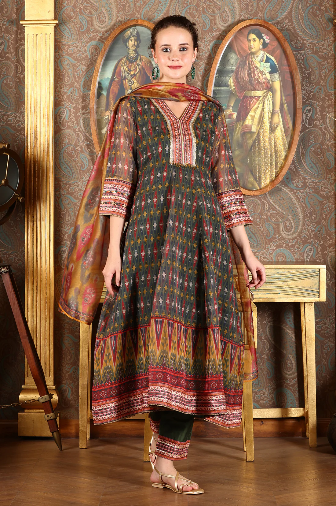 Green Ikat Printed Embellished Organza Anarkali Kurta